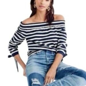 NWT J Crew | Women's Navy/White Stripe Off-The-Shoulder Knit Blouse